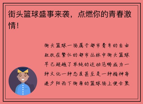 街头篮球盛事来袭，点燃你的青春激情！