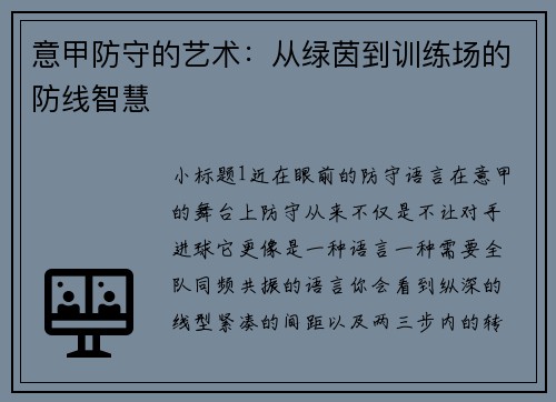 意甲防守的艺术：从绿茵到训练场的防线智慧